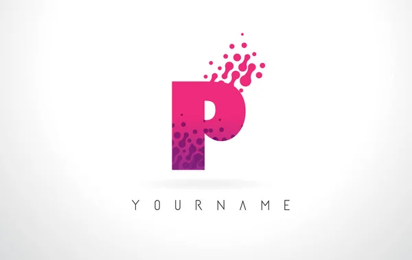 P Lettera logo con rosa viola colore e particelle puntini Design . — Vettoriale Stock