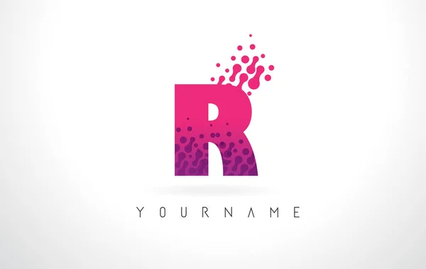 R Lettera logo con rosa viola colore e particelle puntini Design . — Vettoriale Stock