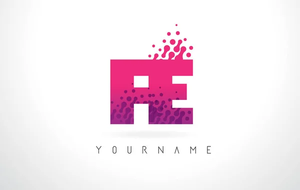 FE F E Lettera logo con colore rosa viola e particelle puntini Des — Vettoriale Stock