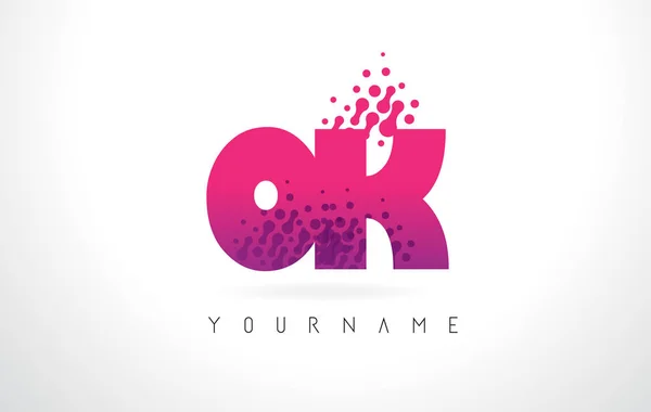 OK O K brev logotyp med rosa lila färg och partiklar prickar Des — Stock vektor