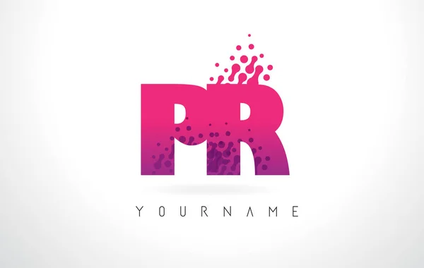 PR P R Lettera Logo con colore rosa porpora e particelle puntini Des — Vettoriale Stock