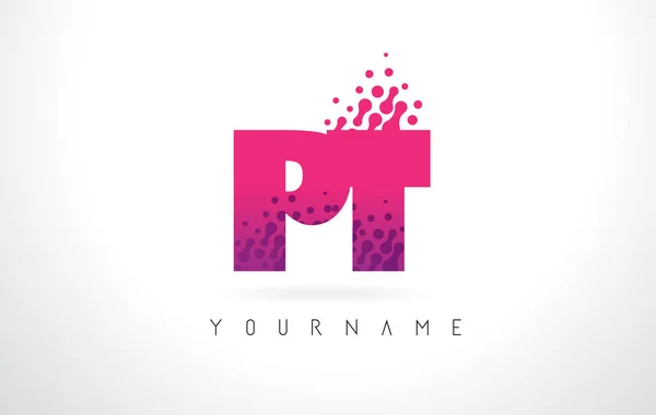 PT P T lettera logo con rosa viola colore e particelle punti Des — Vettoriale Stock