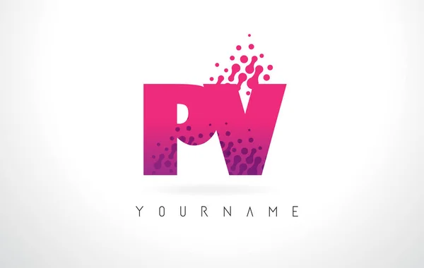 Logo lettre PV P V avec couleur pourpre rose et points de particules Des — Image vectorielle