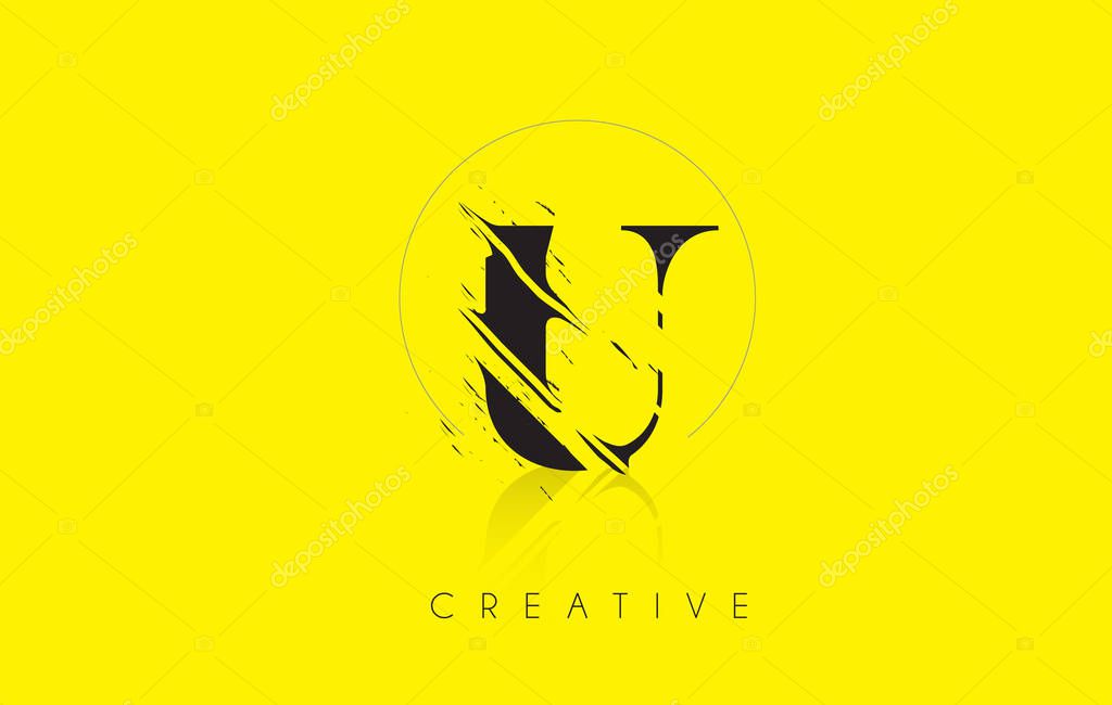U Letter Logo with Vintage Grundge Cut Design. Destroyed Drawing Elegant Letter Icon Vector.