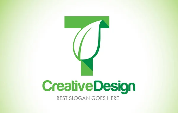 T zielony liść Logo Design list. Eco Bio liść list ikona ilust — Wektor stockowy