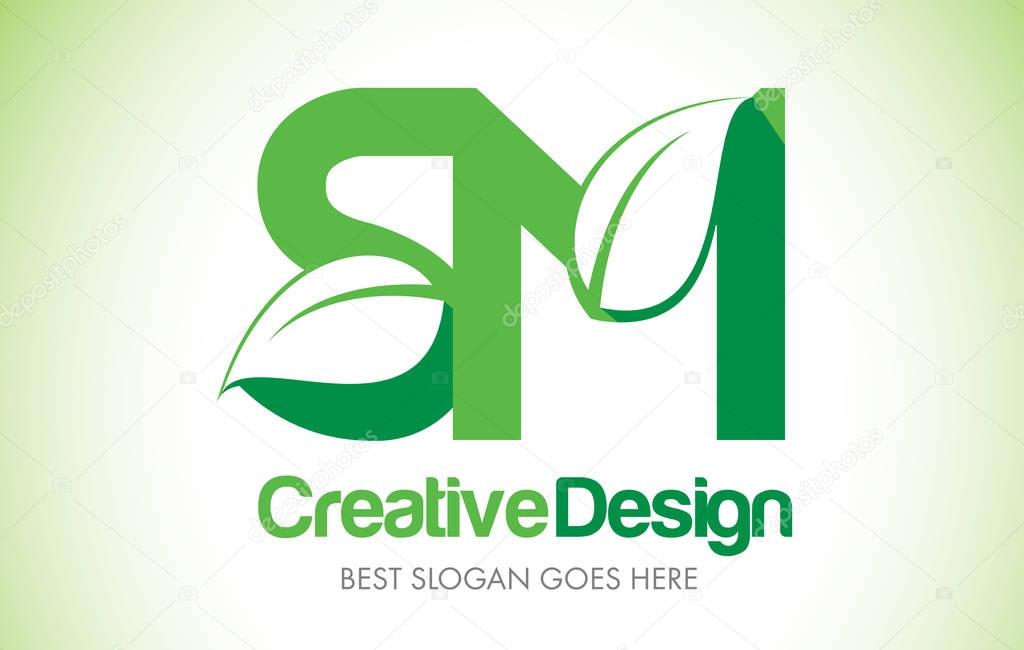 SM Green Leaf Letter Design Logo. Eco Bio Leaf Letter Icon Illus