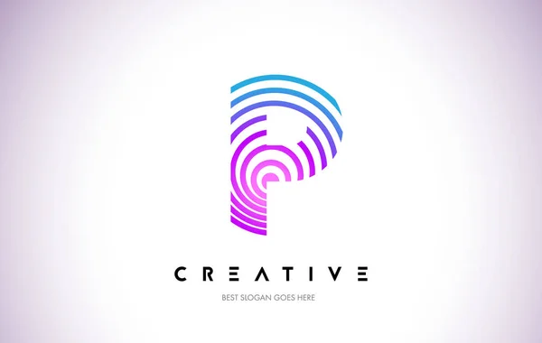 Дизайн логотипу викривлення ліній P. Лист значок зроблені з фіолетовим циркуляр — стоковий вектор