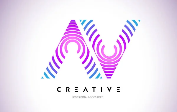 AV Lines Warp Logo Design. Icône de lettre faite avec la circulaire pourpre — Image vectorielle