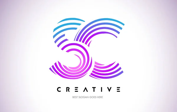 SC Lines Warp Logo Design. Icône de lettre faite avec la circulaire pourpre — Image vectorielle