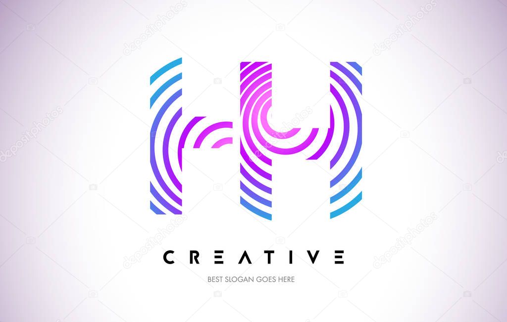 HH Lines Warp Logo Design.Vector Letter Icon Made with Purple Circular Lines.