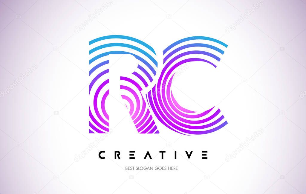 RC Lines Warp Logo Design.Vector Letter Icon Made with Purple Circular Lines.