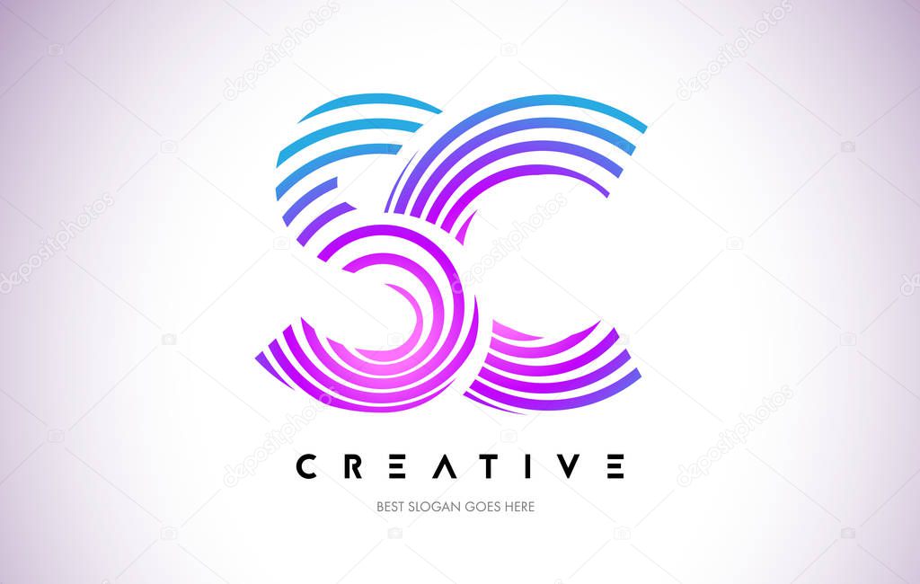 SC Lines Warp Logo Design.Vector Letter Icon Made with Purple Circular Lines.