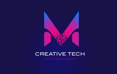 M ilk harf Logo Tasarım mavi mor dijital piksellerle 