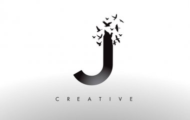 J Logo mektup--dan dağılmakta ve uçan kuş sürüsü ile