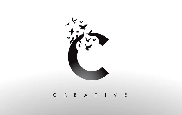 C Logo Letter with Flock of Birds Flying and Disintegrating from — Stock Vector