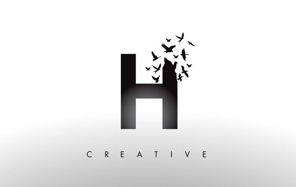 H Logo Letter with Flock of Birds Flying and Disintegrating from