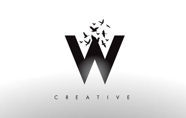 W Lettre de logo avec troupeau d'oiseaux volant et se désintégrant de — Image vectorielle