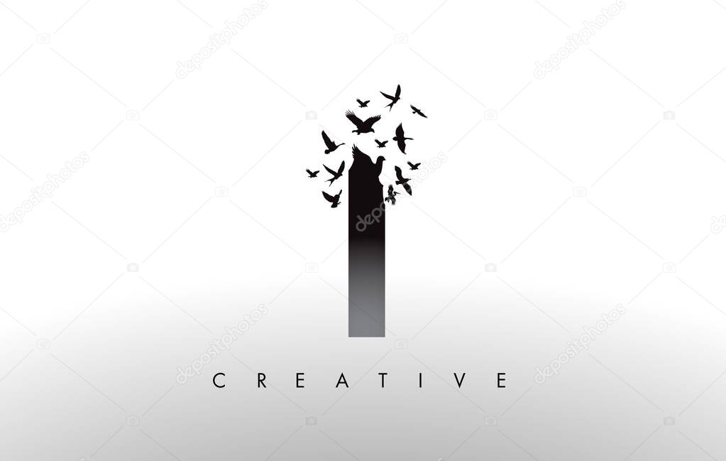 I Logo Letter with Flock of Birds Flying and Disintegrating from