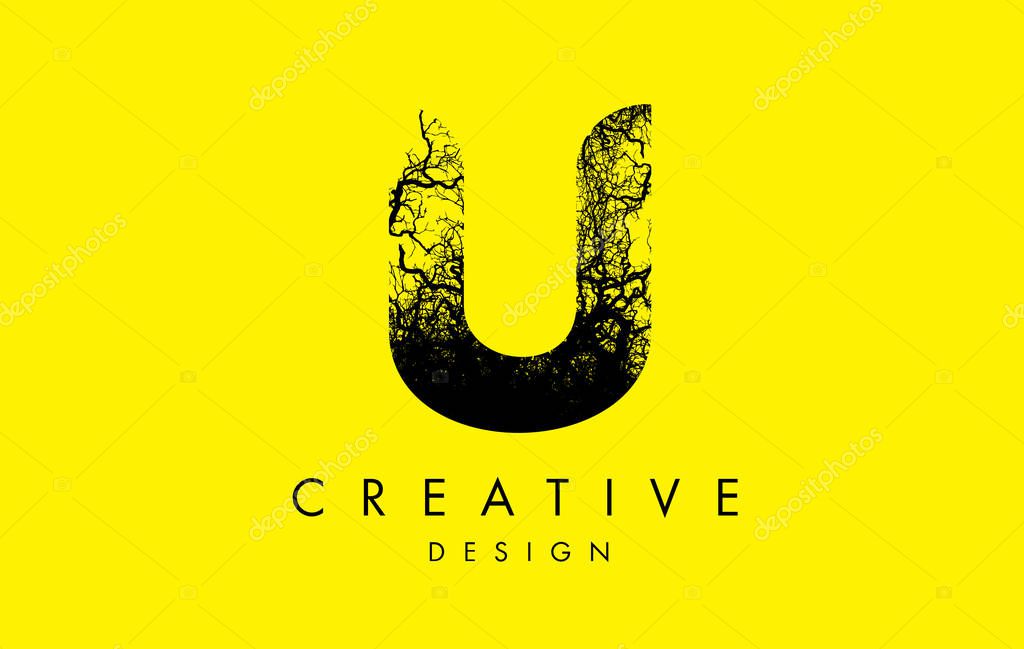 U Logo Letter Made From Black Tree Branches. Tree Letter Design with Minimalist Creative Style.