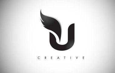 U harfi kanatları Logo tasarımı siyah kuş sinek kanadı simgesi.