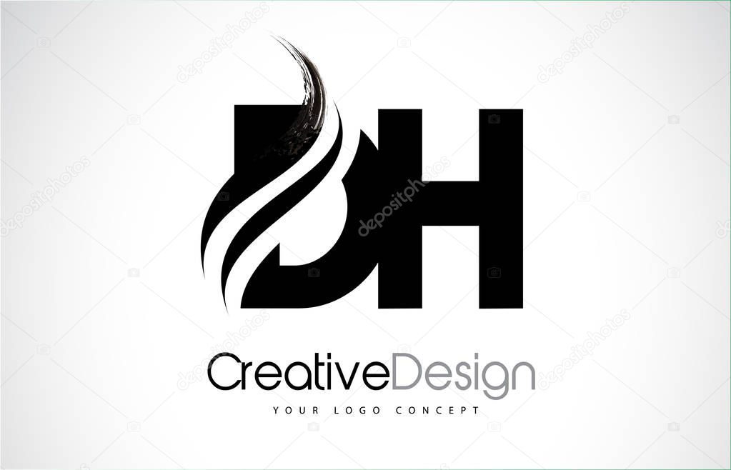 DH D H Creative Modern Black Letters Logo Design with Brush Swoosh