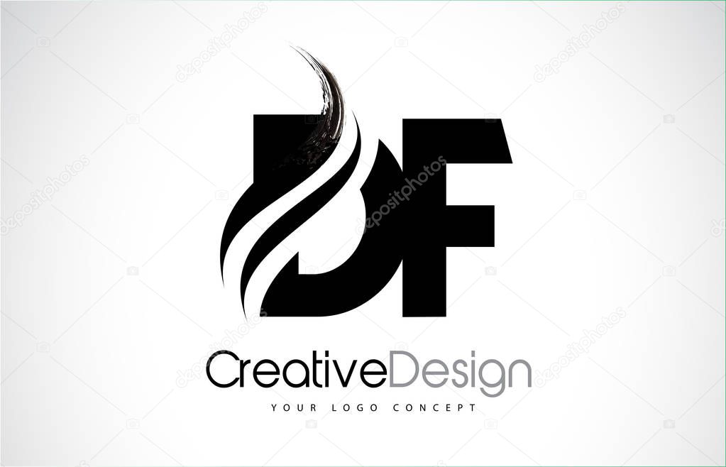 DF D F Creative Brush Black Letters Design With Swoosh
