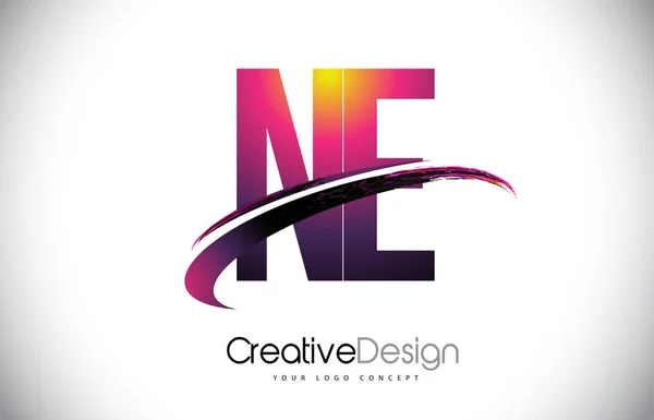 NE N E Logo de letra púrpura con diseño Swoosh. Magenta creativa M — Archivo Imágenes Vectoriales