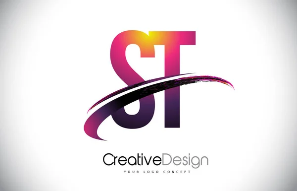 ST S T logotipo da letra roxa com design Swoosh. Magenta criativa M — Vetor de Stock