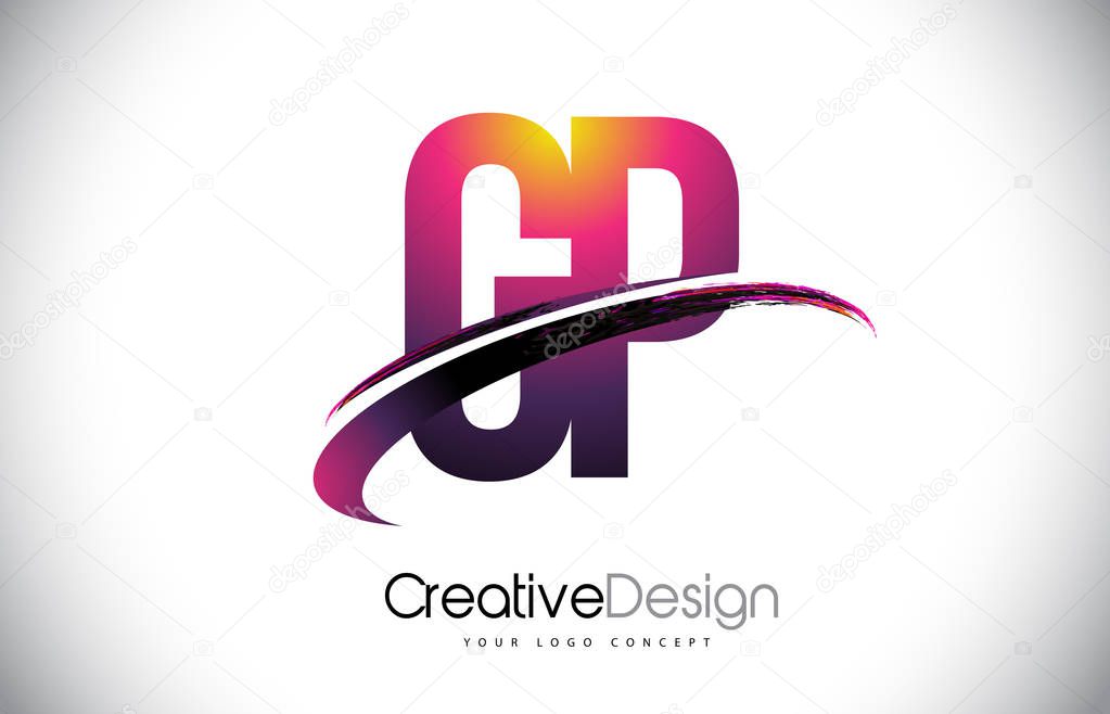 GP G P Purple Letter Logo with Swoosh Design. Creative Magenta Modern Letters Vector Logo Illustration.