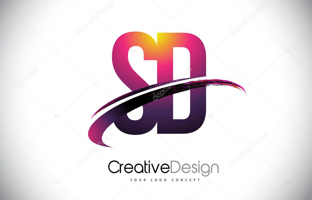 SD S D Purple Letter Logo with Swoosh Design. Creative Magenta Modern Letters Vector Logo Illustration.