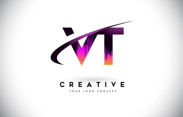 Vt V T のグランジ紫の鮮やかな色のデザインとロゴ文字。Cre — ストックベクタ