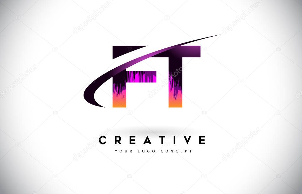 FT F T Grunge Letter Logo with Purple Vibrant Colors Design. Cre