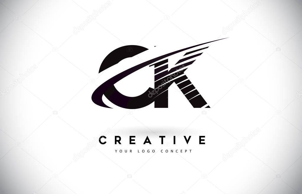 CK C K Letter Logo Design with Swoosh and Black Lines. Modern Creative zebra lines Letters Vector Logo
