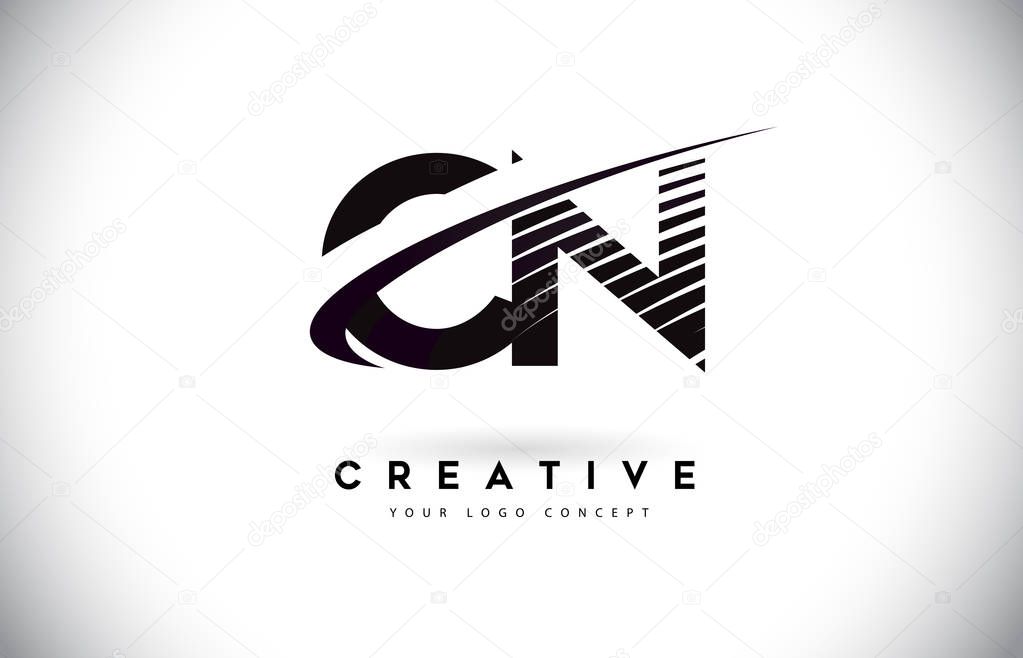 CN C N Letter Logo Design with Swoosh and Black Lines. Modern Creative zebra lines Letters Vector Logo