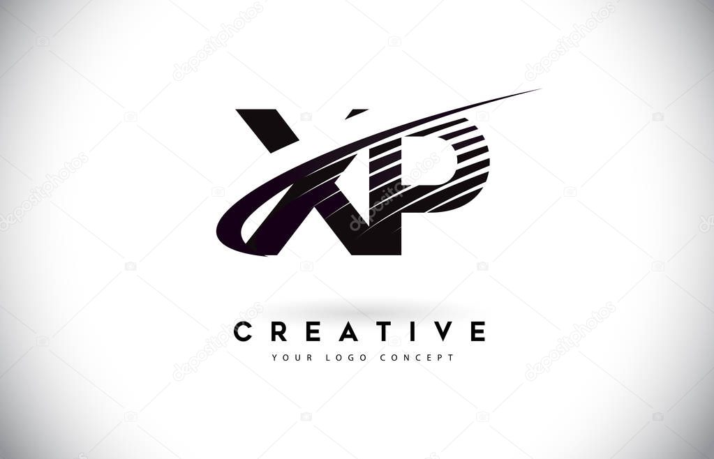 XP X P Letter Logo Design with Swoosh and Black Lines. Modern Creative zebra lines Letters Vector Logo