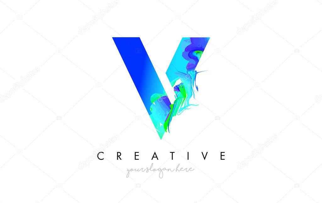 V Letter Icon Design Logo With Creative Artistic Ink Painting Flow in Blue Green Colors Vector Illustration.