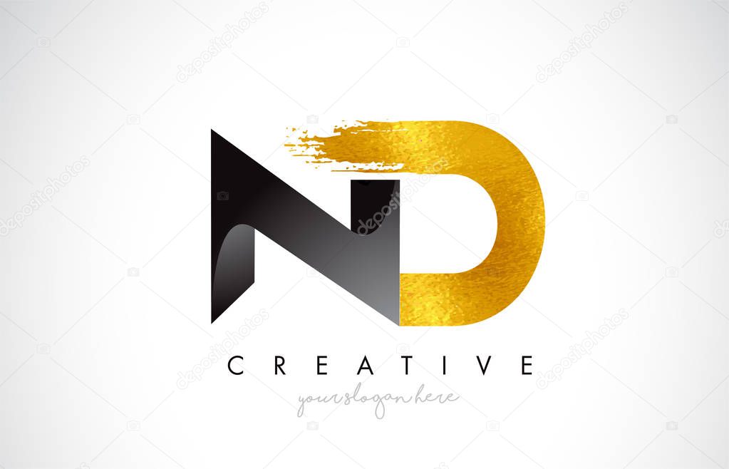 ND Letter Design with Black Golden Brush Stroke and Modern Look Vector Illustration.