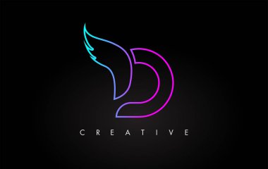 Mavi Mor Kanatlı Neon D Harf Logosu Simgesi Tasarımı