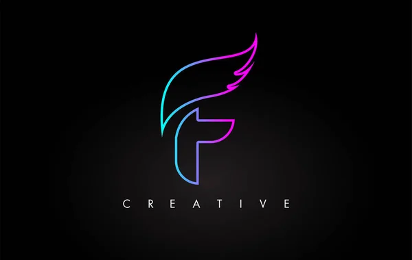 Diseño del icono del logotipo de Neon F Letter con ala creativa en azul púrpura — Vector de stock