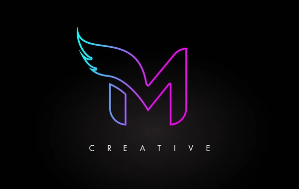 Neon M Brev Logotyp Ikon Design med kreativ flygel i blå lila — Stock vektor