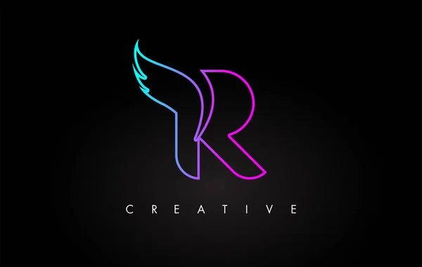 Diseño del icono del logotipo de Neon R Letter con ala creativa en azul púrpura — Vector de stock