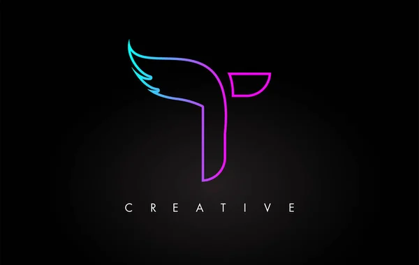 Neon T Lettre Logo Icône Design avec aile créative en bleu violet — Image vectorielle