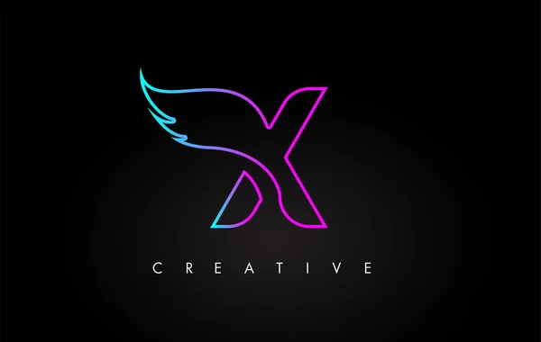 Neon X Letter Logo Εικονίδιο Σχεδιασμός με δημιουργική πτέρυγα σε μπλε μωβ — Διανυσματικό Αρχείο