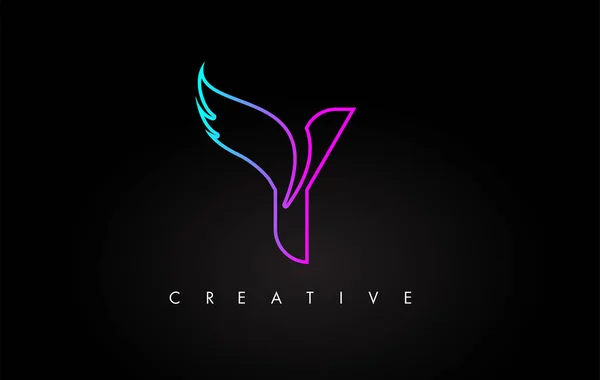 Neon Y Lettre Logo Icône Design avec aile créative en bleu violet — Image vectorielle