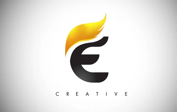Gold E Lettre Ailes logo Design avec Golden Bird Fly Wing Icône . — Image vectorielle
