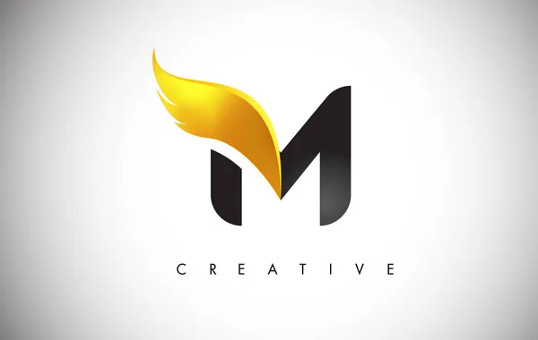 Gold M Letter Wings Logo Design with Golden Bird Fly Wing Icon. — Stock Vector