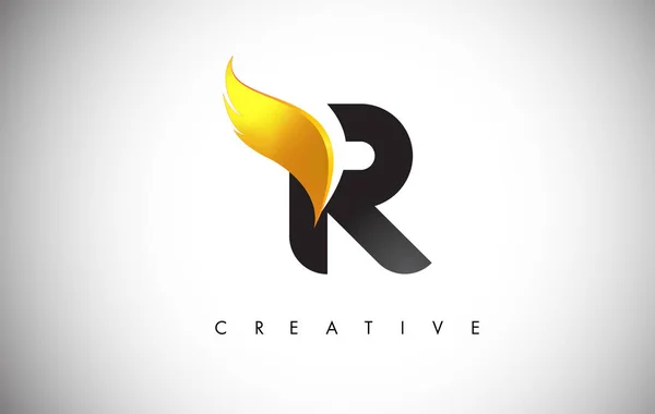 Oro R Letra alas Logo Diseño con oro pájaro volar ala icono . — Vector de stock
