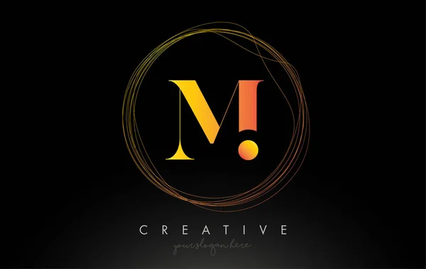 Diseño artístico oro del logotipo de la letra M con el alambre circular creativo F — Vector de stock