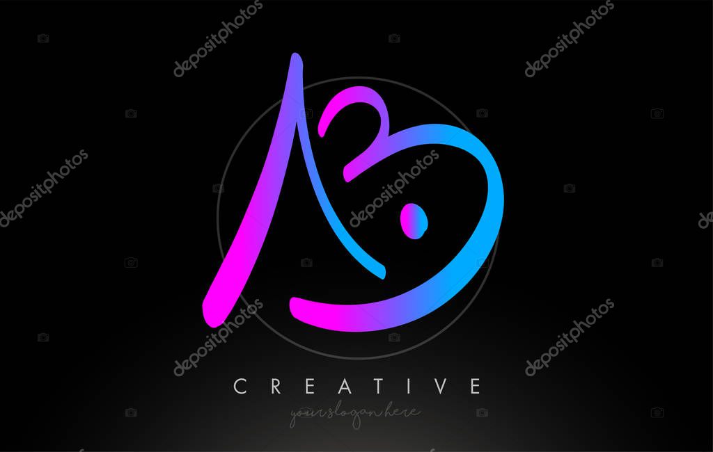 AB Artistic Brush Letter Logo Handwritten in Purple Blue Colors Vector Illustration.