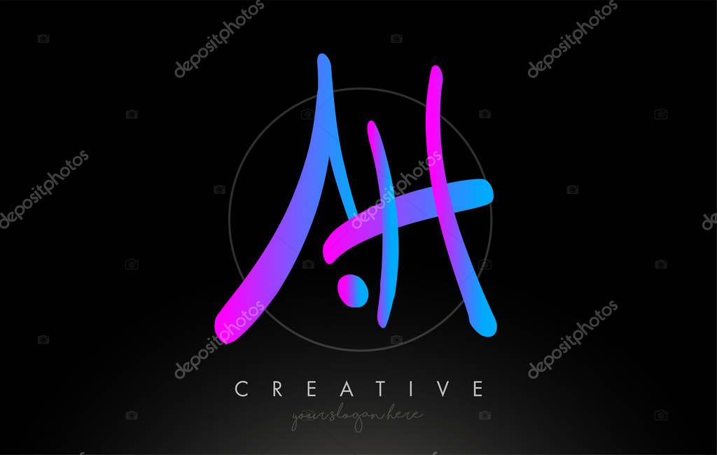 AH Artistic Brush Letter Logo Handwritten in Purple Blue Colors Vector Illustration.